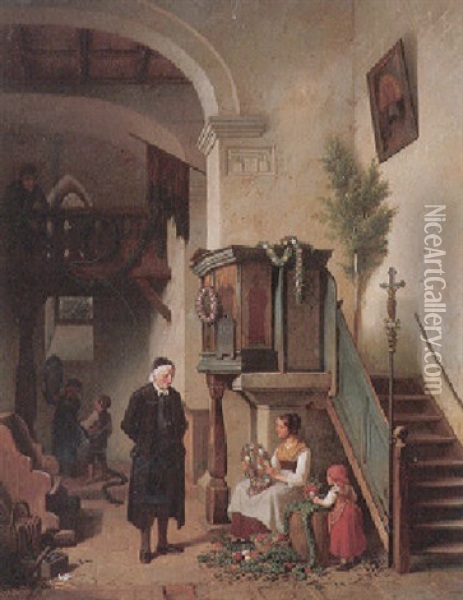 Junge Frau Mit Kind In Einer Kirche Unter Der Kanzel Beim Kranze Winden Oil Painting - Friedrich Moritz Wendler