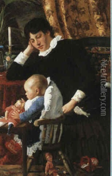 Interior Med  Mor Og Barn I En Hyggestund Oil Painting - Carl Carlsen