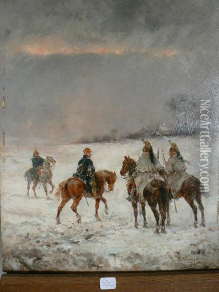 Militaires Dans Un Paysage D'hiver Oil Painting - Louis Emile Benassit