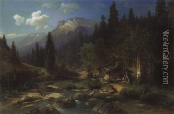 Romantische Abendlandschaft Mit Sennerhutte Am Bach Oil Painting - Nicolai Von Astudin