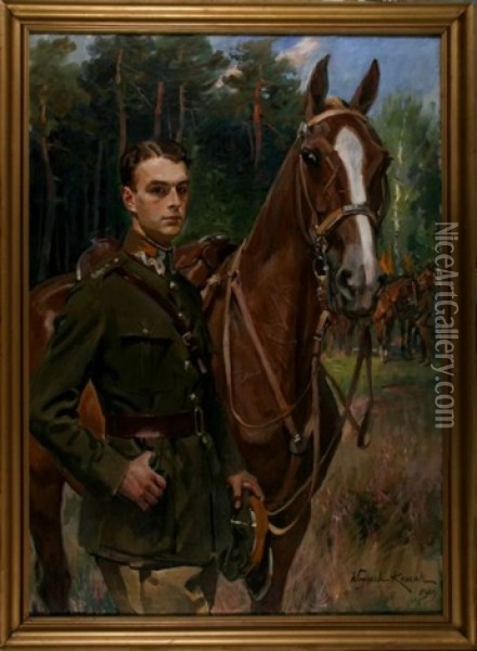 Portret Ppor. Stefana Zamoyskiego Z Koniem Oil Painting - Woiciech (Aldabert) Ritter von Kossak