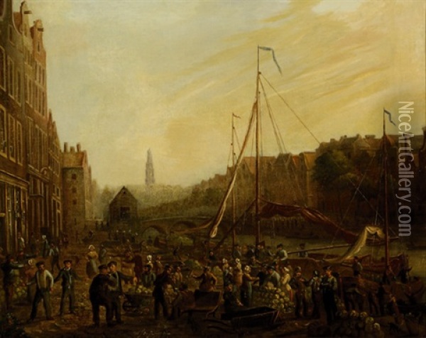 Amsterdam Market Scene With The Westertower On The Background Oil Painting - Willem Frederik Veldhuyzen