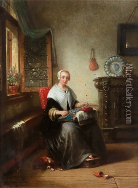 Interieur Mit Jugendlicher Spitzenklopplerin Oil Painting - Alois Stanislas Lion