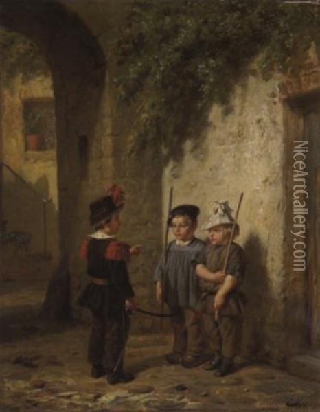 Trois Enfants Jouant Au Soldat Oil Painting - Hendrick Joseph Dillens