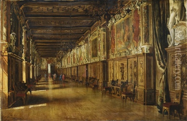 The Francois Ier Gallery In The Fontainebleau Castle Oil Painting - John Haynes-Williams