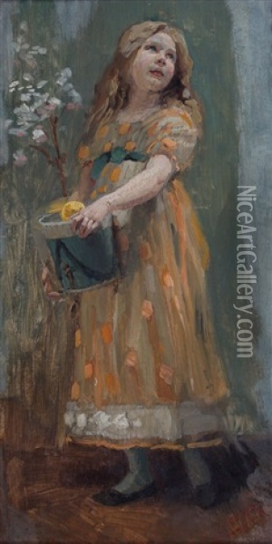Meisje Met Plant (+ Jongen Met Mand; 2 Works) Oil Painting - Franz Xavier Simm
