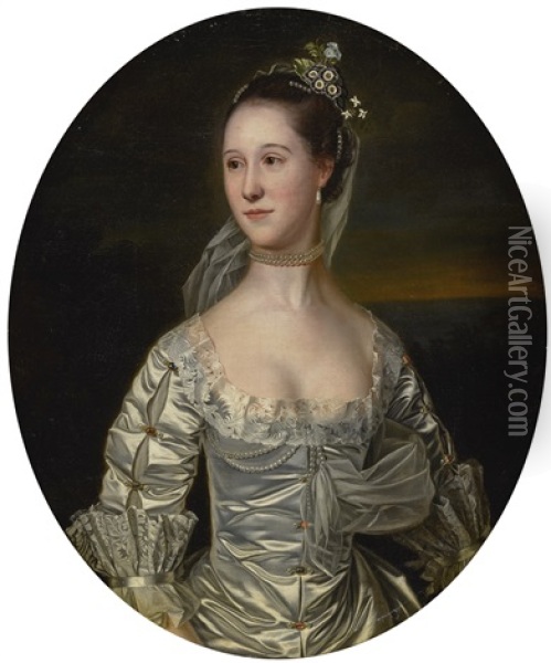 Portrait Of Miss Kimball, Half Length, Wearing A Silver Silk Dress And A Pearled Necklace, With Flowers In Her Hair Oil Painting - Allan Ramsay