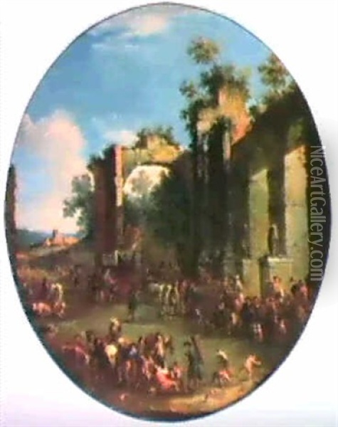 Fiera Di Popolani Presso Dei Ruderi Popolani Che Assistono Ad Una Recita Oil Painting - Adriaen Frans Boudewyns the Elder