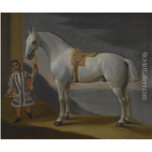 Carpenter, Lord Craven's Hunter, Held By A Negro Page Oil Painting - Robert Byng
