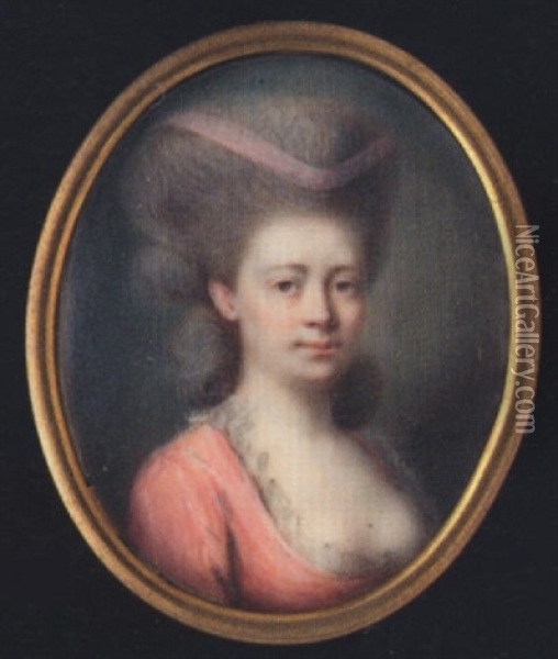 A Lady Wearing Decollete Pink Dress With Frilled White Trim And Pink Ribbon In Her Powdered Hair Oil Painting - Mme. Dumas