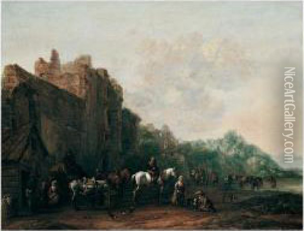 Travellers And Pack Animals 
Resting Before A Ruined Building, A Drover Watering His Cattle Beyond Oil Painting - Barent Gael