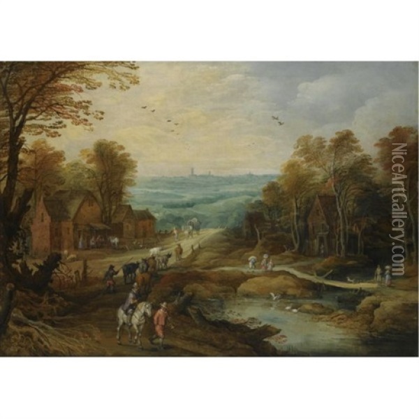 An Autumn Landscape With Travellers And Herdsmen On A Path, A Country Inn Beyond Oil Painting - Joos de Momper the Younger