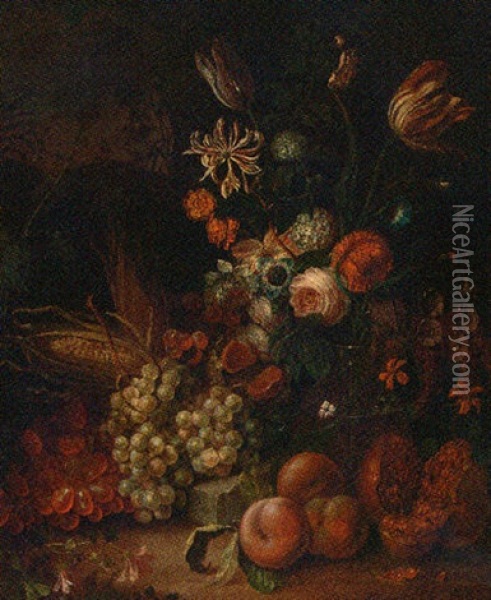 Tulip, Honeysuckle, Hydrangea, Primroses And Other Flowers In A Glass Vase Oil Painting - Abraham Mignon