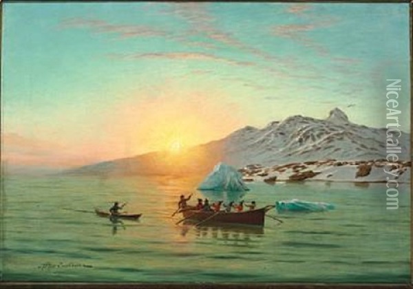 Summer Day In Greenland With An Umiak In A Fiord Oil Painting - Andreas Christian Riis Carstensen