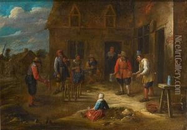 Peasants Playing Skittles Before A Country Inn Oil Painting - Gillis van Tilborgh