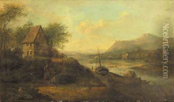 A Rhenish landscape with peasants conversing on a path by a farmhouse with ships moored at a quay Oil Painting - Johann Christian Vollerdt or Vollaert