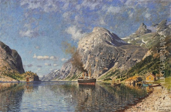 Fjordlandschaft Mit Dampfschiff Oil Painting - Adelsteen Normann