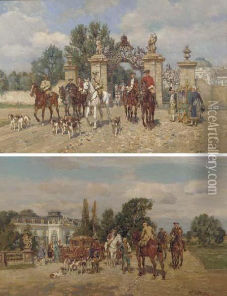 Riding Out ; And Before The Hunt Oil Painting - Wilhelm Velten