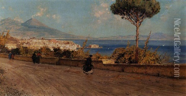 The Bay Of Naples With A View Of Vesuvius In The Distance Oil Painting - Attilio Pratella