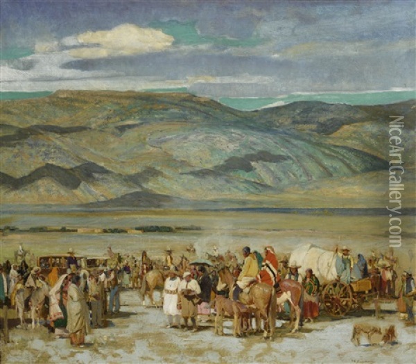 Crowd At Horse Race-taos, N. Mex Oil Painting - Oscar Edmund Berninghaus