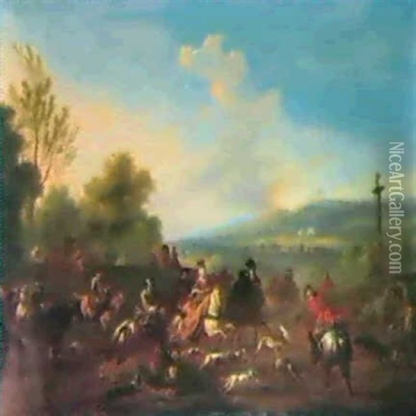 A Hunting Party In An Italianate Landscape. Oil Painting - Jan van Huchtenburg