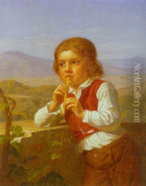 Portraet Af Lille Sydlandsk Dreng Der Spiller Flotje, I Baggrunden Bjerge Oil Painting - August Heinrich Georg Schiott