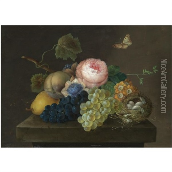 A Still Life With Grapes, Pears And Flowers, Together With A Bird's Nest With Eggs On A Stone Ledge, A Butterfly Above Oil Painting - Johann Baptist Drechsler