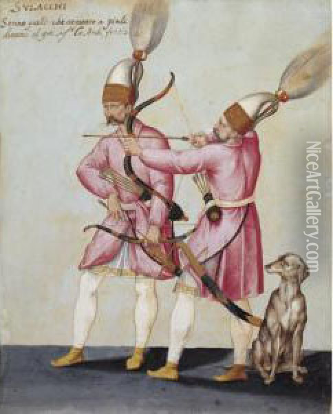 Two Solak Archers With A Dog Oil Painting - Giacomo (or Jacopo) Tarchiani