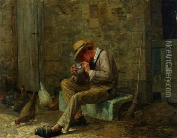 Pause Vor Dem Huhnerstall. Stallknecht Zundet Seine Pfeife An Oil Painting - Eugene Damas