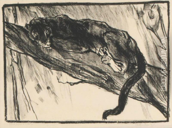 'black Jaguar In A Tree' And 'leopard Watching': A Pair Of Etchings Oil Painting - P. Henderson