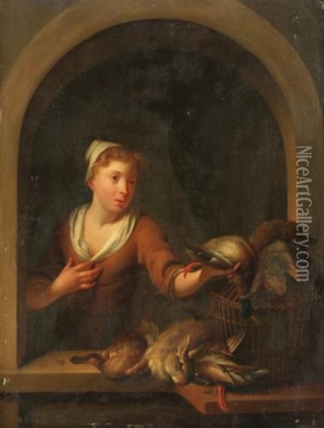 A Game Seller, Holding A Mallard Drake, At A Window, Together With A Basket And Other Ducks And Rabbits On A Stone Ledge Oil Painting - Louis de Moni