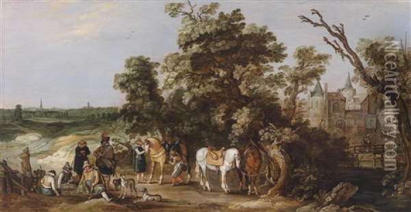 Rastende Reiter Vor Einem Niederlandischen Schloss Oil Painting - Reyer Claesz Suycker