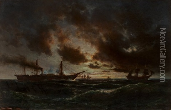 Ships In A Rough Sea, 1859 Oil Painting - Daniel Hermann Anton Melbye