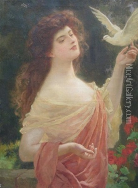 Jeune Femme A La Colombe Et Aux Geraniums Oil Painting - Abel Dominique Boye