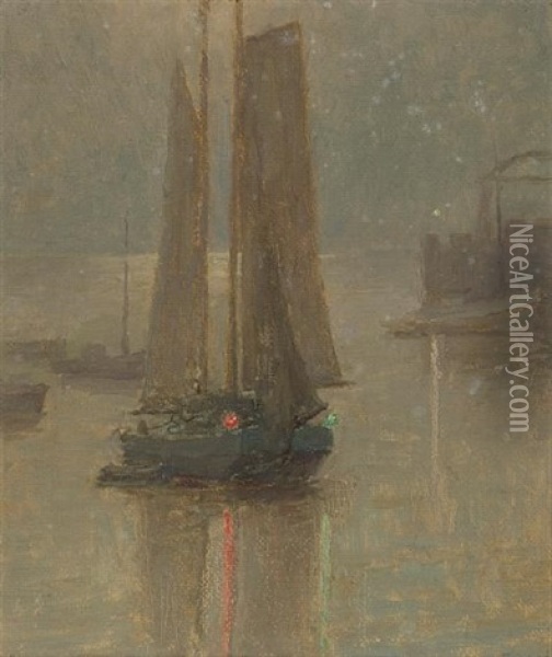 Evening Sails With Red And Green Reflections (+ Moonlit Harbor; Pair) Oil Painting - Granville S. Redmond