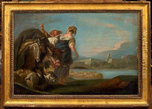 La Halte Des Bergers Au Bord De L'eau Oil Painting - Jean-baptiste Deshays