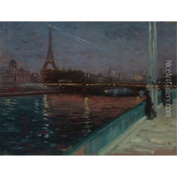 The Eiffel Tower At Night (+ A Small Sketch, Verso) Oil Painting - Alfred Henry Maurer