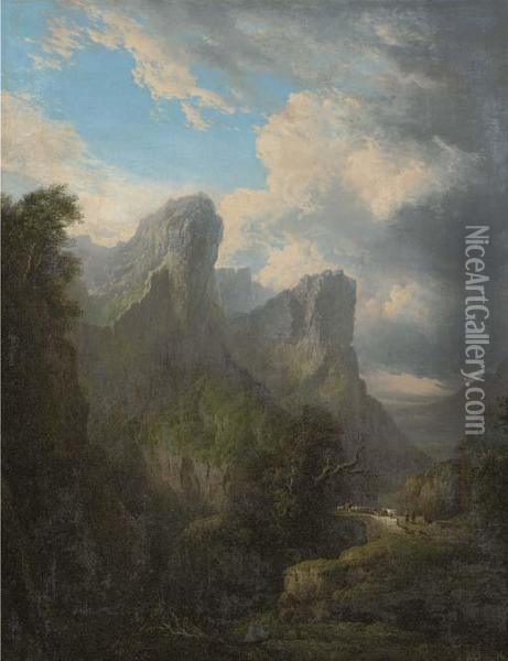 View Of The Sisters Of Glencoe With Figures And Livestock On A Bridge Oil Painting - Alexander Nasmyth
