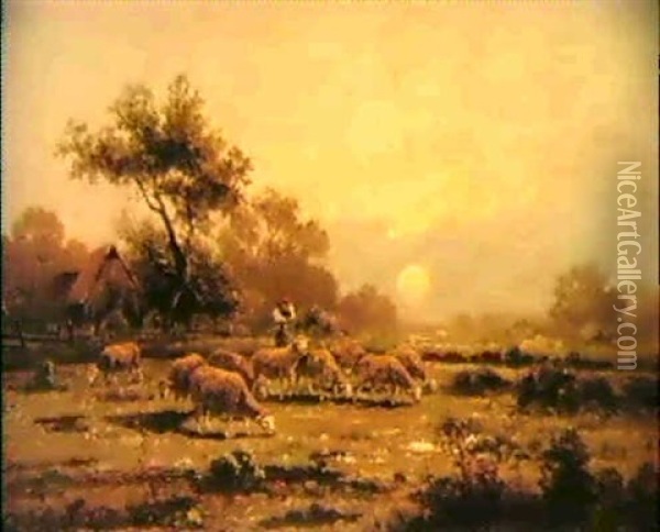 Madchen Mit Schafen Bei Sonnenuntergang Oil Painting - Adolf Kaufmann