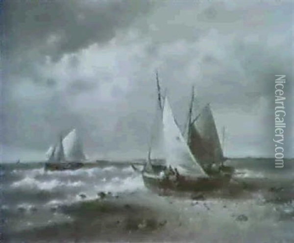 Marine.am Strand Zwei Trocken Aufgelegte Boote.auf Dem      Wasser Dampfer Und Kusten- Segler Oil Painting - Abraham Hulk the Elder