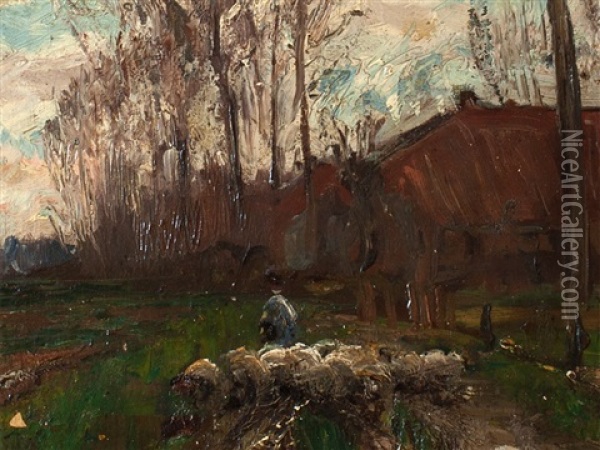 Sheep Flock On Poplar Alley Oil Painting - Helmuth Liesegang