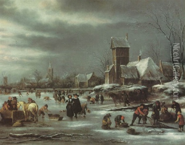 A Winter Landscape With Sledges And Figures Skating On A Frozen Waterway By A Dutch Village Oil Painting - Nicolaes Molenaer
