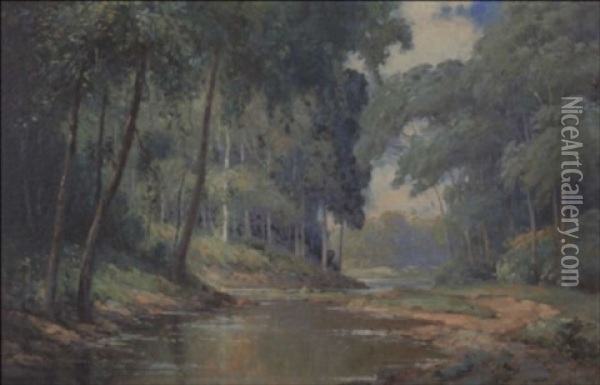 Summer Landscape Along Stream Oil Painting - George F. Schultz