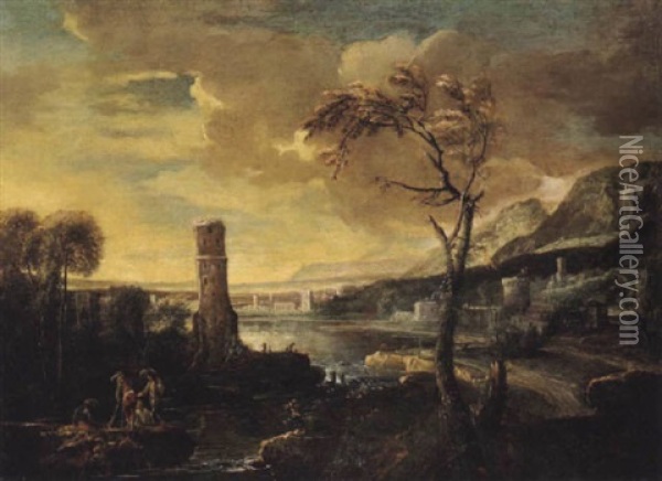 Paesaggio Fluviale Con Torre, Fluslandschaft Mit Einem Turm Oil Painting - Johann Anton Eismann