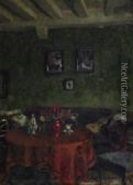 In The Green Salon. Signed Bottom Right: A.v. Brandis Oil Painting - August Von Brandis