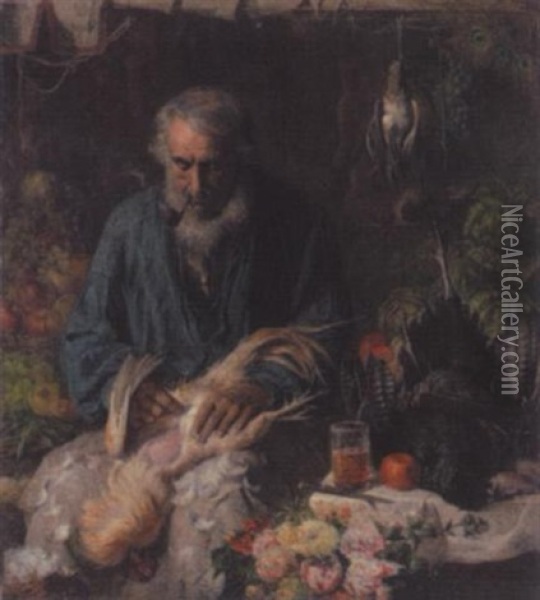 Bauer Auf Dem Wochenmarkt Mit Fruchten, Geflugel Und Blumen Oil Painting - Friedrich Adolf Hornemann