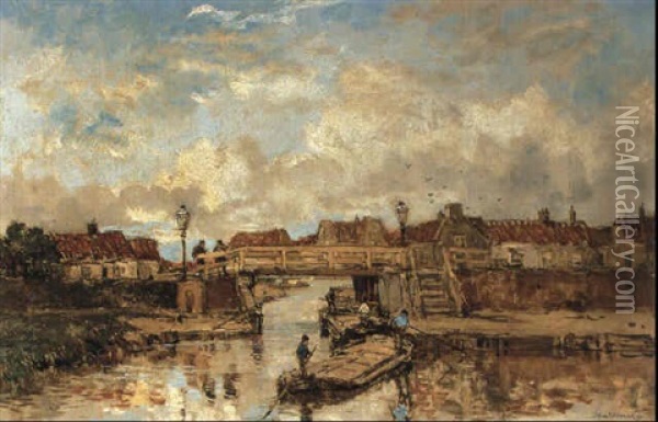 A Wooden Bridge Over A Canal Oil Painting - Johan Hendrik van Mastenbroek