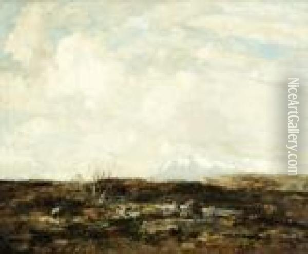 Upland Landscape With Snow Cappedmountain Beyond Oil Painting - William Alfred Gibson