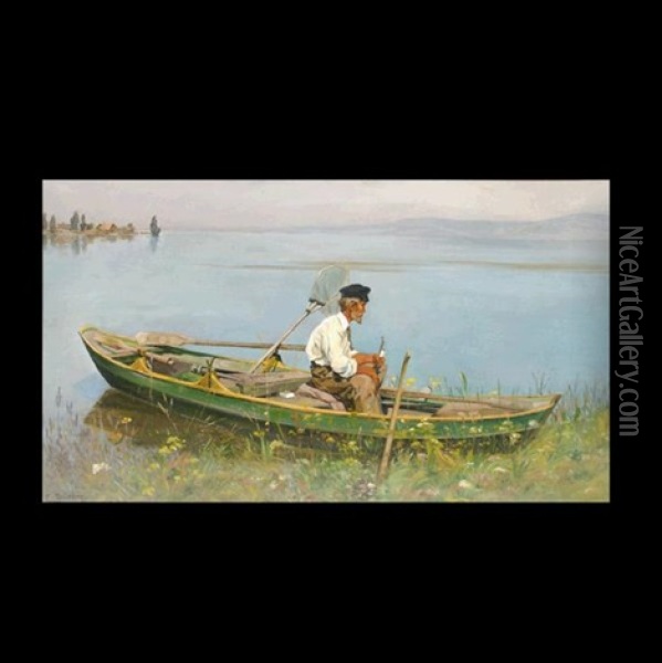 Old Man In A Rowboat Oil Painting - Eugen Gustav Duecker