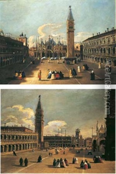 Venise: Vue De La Piazza San Marco Vers La Basilique (+ Venise: Vue De La Piazzetta Vers La Torre Dell'orologio; Pair) Oil Painting - Bernardo Canal